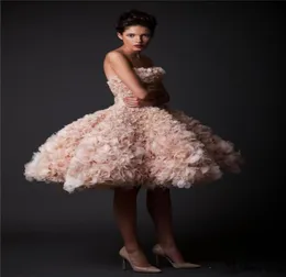 Krikor Jabotian A Line 2016 Prom Promes Elbiseler Uzun El Yapımı Çiçekler Straplez Solsuz Diz Uzunluk Gelin Elbise Dress5242059