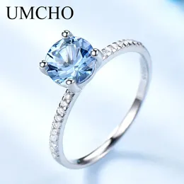 Cluster Rings Umcho Romantic Round skapade Sky Blue Topaz 925 Sterling Silver Wedding Bands For Women Engagement Gift Fine SMEEXKE