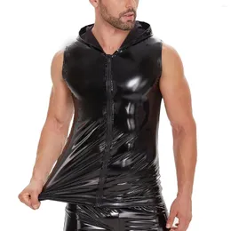 Tops da uomo Tops da uomo Plus size Mens Shiny PU in pelle maschio Full Zipper Glossy PVC con cappuccio senza maniche per magliette con cappuccio di magliette in lattice wetlook