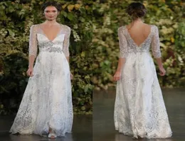 Vintage Silver Lace Wedding Dresses A Line Plunging Vneck Open Low Back Beaded Belt Sheer Long Sleeves Floor Length Cheap Bridal 8349803