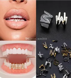 Gold Weißgold vereiste AZ Custom Letter Grillz Volldiamantzähne DIY Fang Grills Cosplay Zahnkappe Hip Hop Dental Mund Teet5785802