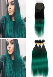 Dark Green Ombre Peruvian Hair Bundles with Closure 1BGreen Ombre Straight 3Bundles with Closure Ombre Green Lace Closure 4x4 wi8613170