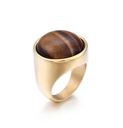 Män kvinnor breda band smycken titanium stål naturliga stenar agat ametyst rosa kvart tiger eye opal ädelstenar sten 18k guld ring5020116