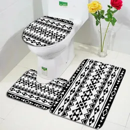 Tappetini da bagno 3pcs aztec set nero geometrico in stile etnico tappetino boho porte moderna flanella arredamento da bagno in flanella cover
