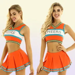 Cheerleader Women Cheerleader Costume Elegle Uniform Abito Cosplay Outfit rave V Neck Crop Top con mini gonna a pieghe F5773653