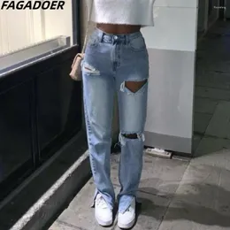 Jeans figadoeer moda streetwear da donna donna in alto abbottini di denim dritta pantaloni autunno buca casual slit pantaloni da cowboy femmina