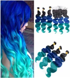 Dark Root 1B Blue Green Ombre 13x4 Lace Frontal Closure with Weaves Body Wave Virgin Peruvian Three Tone Ombre Human Hair Bundles 1693088