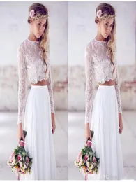 2015 Twopieces Crop Top White Wedding Dresses Chiffon Ruched Floor Length Wedding Gowns Spring Lace Long Sleeve Wedding 2122204