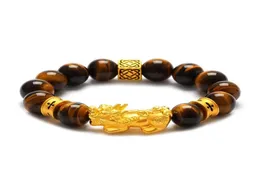 Natural Tiger Eye Pärlor Armband Gold Plated 3D Pixiu Armband Chinese Feng Shui Men and Women039s Jewelry7330896