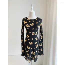 Casual klänningar hög kvalitet! 24 sommarnischdesignkänsla Temperament Floral A-Line Dress Flare Sleeve Kvinna