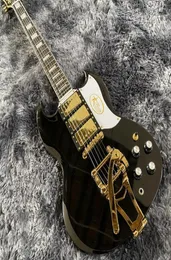 Rare Double Cutaway Gloss Black SG Electric Guitar 3 Humbuckers Pickups Bigs Tremolo Bridge Gold Hardware Star Logo White Pickg6153655