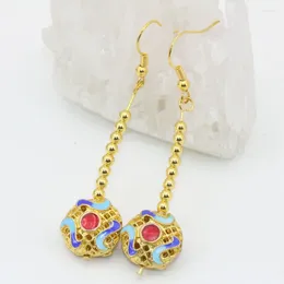 Dangle Ohrringe hohe Qualität einzigartiges Design 14mm langer Tropfen für Frauen Mädchen Goldfarben Hohlhöhle Cloisonne Fein Schmuck B2590