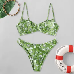 Women's Swimwear Y2k Floral Print Swimsuit Women Sexy Two Piece Sling Bikini Low Collar High Fork Bathing Suit Trajes De Bano Mujer