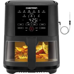 Fryers Air Fryer 8 Qt con termometro a sonda, 8 funzioni preimpostate, display digitale 1Touch, cesto a frigorifero per vetro quadrato antiaderente con finestra