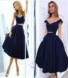 Navy Blue Two Pieces Satin Homecoming Dresses Off Shoulder Elegant Short Prom Dresses Knee Length A line Formal Cocktail Party Clu6563155