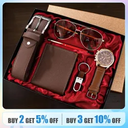 Shaarms Men Gift Watch Business Luxury Company Mens Set 6 i 1 Watch Glasses Pen Keychain Belt Purse Welcome Holiday Födelsedag 240414