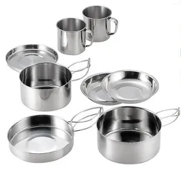 Cookware Sets Outdoor Camping Stainless Steel Set Pot Foldable 8-Piece Picnic Plate Bowl Cup Tableware