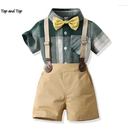 Clothing Sets Top And Summer Toddler Kids Boys Gentleman Short Sleeve Plaid Bowtie Shirts Tops Suspenders Shorts Outfits