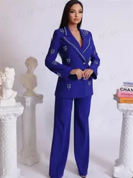 Pantaloni da donna a due pezzi donne navy si adattano a un pulsante 2 pezzi blazer a picco smoking diamanti cristalli cristalli ballo slim fit e più dimensioni costume