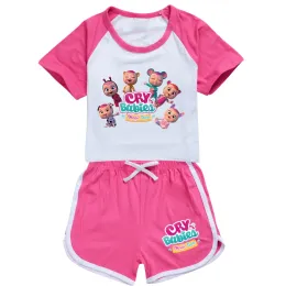 바지 새로운 분홍색 소녀 소년 2022 여름 옷 세트 귀여운 울음 아기 아이 스포츠 티셔츠+바지 2 피스 세트 아기 옷 의상 파자마