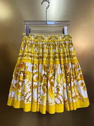 High Street Women Skirt 100% Cotton Fashion Yellow Porcelain Printing Party Vacation Empire Half Dress Girl's Sweets Wear