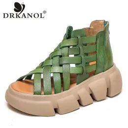 Drkanol Women Gladiator Sandals Summer Cool Boots Luxury Gesign本物の革織りくさびプラットフォームカジュアルローマ240407