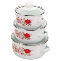 Kupalar 3 PCS Taşınabilir Güveç Pot Canten Emaye Vintage Stockpot Tencere Çorba Mutfak Çift Kılıf Pişirme