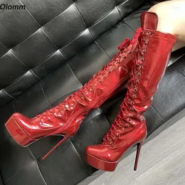 Boots Olomm Frauen Winterplattform Knie Crack Patent Leder Stiletto Heels runde Zeh Pretty Red Party Schuhe und US-Größe 5-20