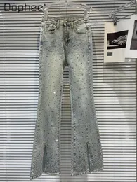 Jeans femininos Strass de serviço pesado Split Trouspers Girl Spicy Girl Skinny 2024 Summer High Cídhar Retro Polido Polido Mulheres Azul