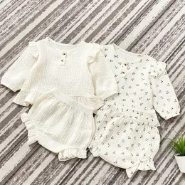 Shorts neonate bambine abiti abiti da abbigliamento in lino in cotone maglietta stampata+pp pantaloncini primaverili per bambini in autunno set di vestiti per bambini abbigliamento