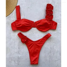 Da bagno da bagno da nuoto rosso fiori perizoma bikini sotto cablato push up costumi da bagno pieghettate 3d vacanze floreali di nuoto sexy women beach beach bareding nuoto