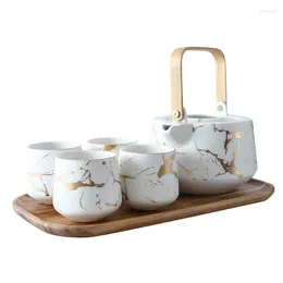 Teaware Sets Gold Marble Texture Porcelain Tea Set With 1 Teapot 4 Teacups Wood Tray Asian Drinkware Matte Black White