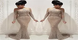 2020 Blingbling Luxury Beading Crystal Prom Evening Dresses Long Sleeves Mermaid 여성 아랍어 파티 가운 7999877