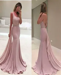 2019 New Fashion Pink Backless Prom Dresses Long Vestidos de Festa Chiffon Beaded One Shourdled Mermaid Evening Dresses3790738