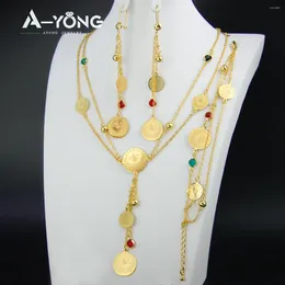 Halsband örhängen set Ayong Arab Gold Color Coin 21k Copper Plated Big Zircon Tassel Set Dubai African Women Wedding Party Jewelry