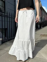 Skirts Floral Embroidery Drawstring Long Women Sweet White Lace Trim High Waist Cotton Faldas Vintage Solid Ruffles Maxi