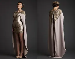 2017 Vintage Krikor Jabotian Evening Dresses Shereath 긴 별도의 케이프 자수 새틴 짧은 샴페인 댄스 파티 드레스 3404072