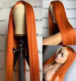 Długie proste pomarańczowe kolor przezroczystą koronkową perukę czołową 13x4 Brazylijskie ludzkie włosy syntetyczne peruki dla czarnych kobiet cosplay7852917