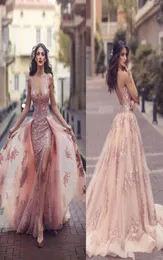 Modest Blush Pink Lace Floral Prommedrite Abiti con page con treno staccabile sexy diviso vneck dubai arabo principessa occasione sera 3016426
