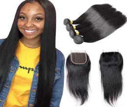 Straight Weave 4 Pieces Raw Virgin Indian Hair with Lace Closure 7A Grade Human Hair Bundles Natural Black Human Hair Bundles with1961543