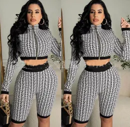 New women geometric printed Tracksuits long sleeved open navel jacket and shorts sexy slim Two Piece Set Outfits