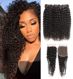 Bundle di capelli umani ricci brasiliani con chiusura Jerry Curl Natural 3 fasci con chiusura di pizzo 4x4 da 1028 pollici Remy Human Hair Exte9474339