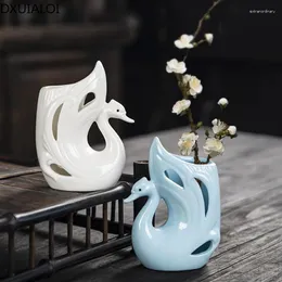 Vases DXUIALOI Creative Ceramic Crafts Swan Hollow Vase Office Living Room Desktop Flower Arrangement Home Decoration