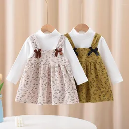 Roupas conjuntos de saia infantil Conjunto de camisa coreana de pescoço de pescoço para meninas imprimindo strape de veludo de veludo bebê 0-6y
