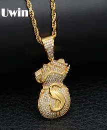Uwin US Money Bag Necklace Pendant Full Bling Cubic Zirconia Iced Out Gold Chains Silver Gold Color Hiphop Jewelry for Men2895765