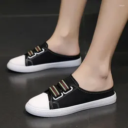 Casual Shoes Heelless Lazy Summer Female Half Drag Baotou Canvas Flat Elastic Outter tofflor för kvinnor 2024 Modedesign