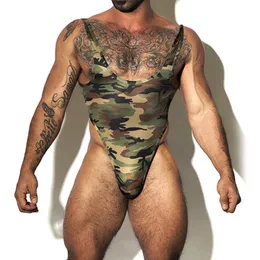 Men Sexy kombinezon Solidny rozciągnięcie jednoczęściowa bieliźnia Kamuflaż Bodysuit Shaper Vester Wrestling Singlet Open Butt Rompers 240410