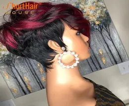 Ombre Bourgogne Red Short Pixie Cut Human Hair Wig Natural Wavy peruker med Bangs brasiliansk remy hår för svarta kvinnor full maskin MA8807081