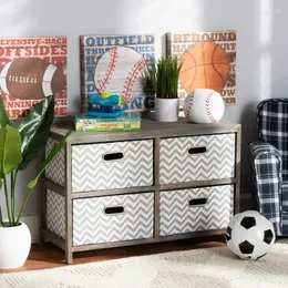 Carpets Modern And Contemporary Grey White Fabric Upholstered Greywashed Wood 4-Basket Storage Unit