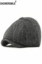 Sboy Hats Sboy Shower Tweed Cap Men Wool HerringBone Flat Winter Grey Randig Male British Style Gatsby Hat justerbar3562381